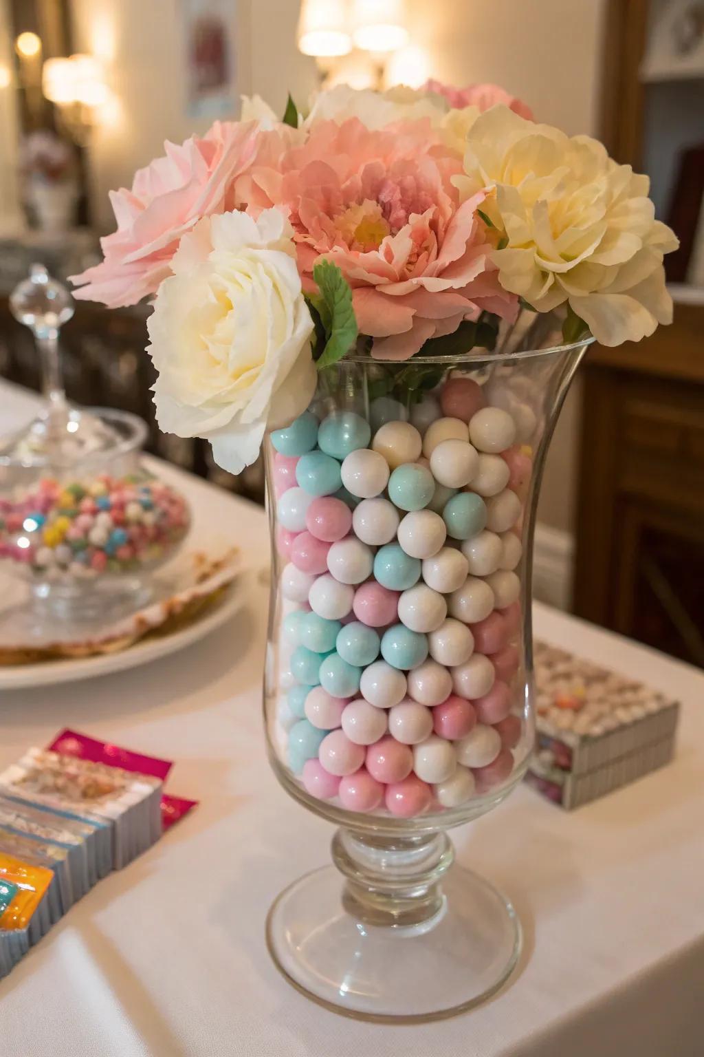 A candy floral arrangement adds a whimsical touch.