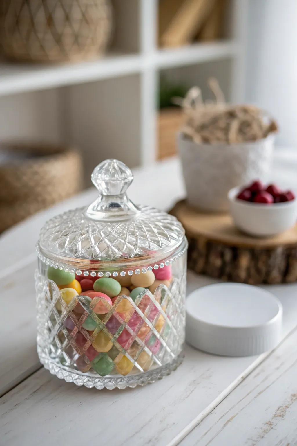 Elevate your candy booth with charming vintage jars that add a touch of whimsy and elegance.
