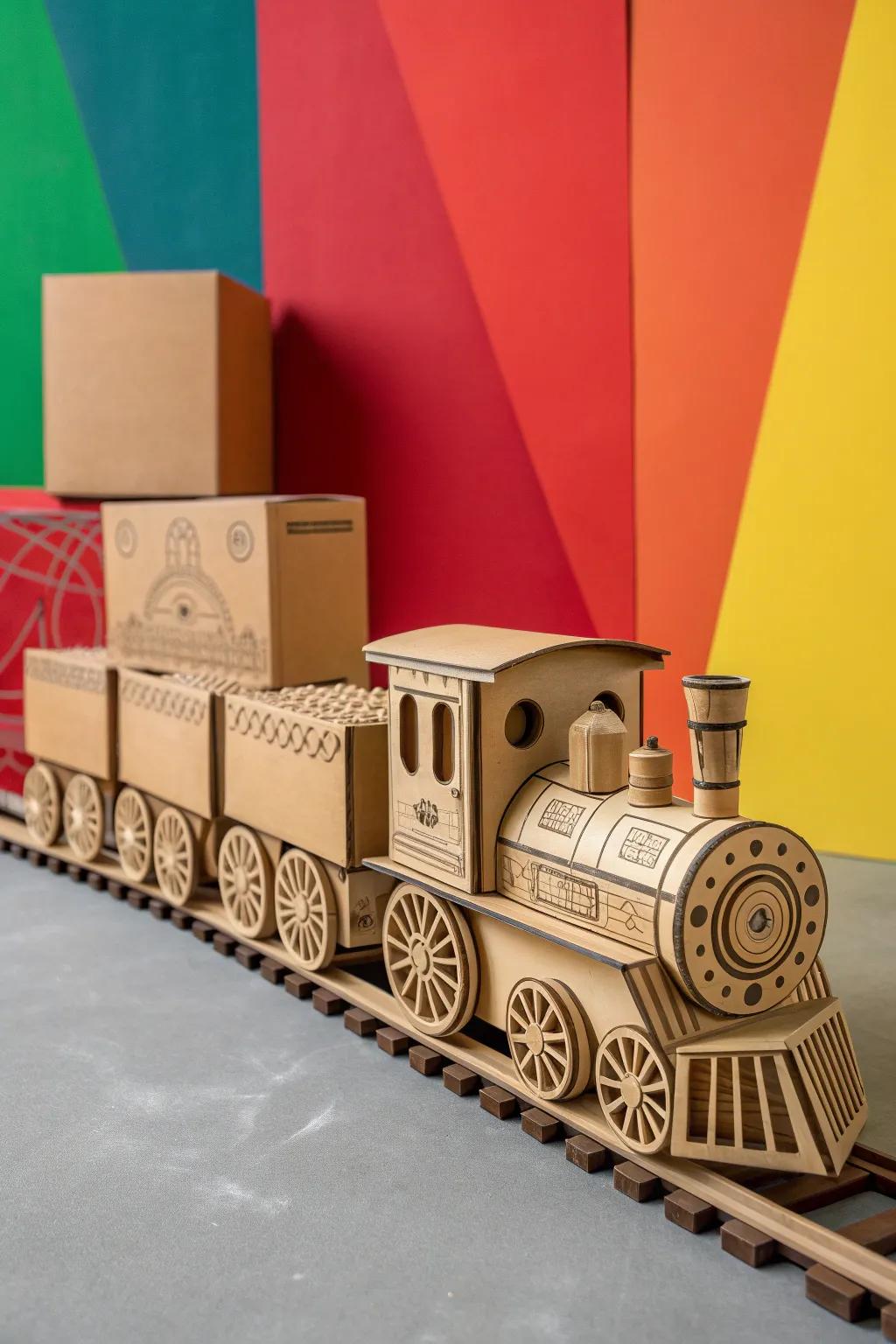 Unleash your inner craftsman with this bold and vibrant cardboard train, perfect for transforming any space into a whimsical station!