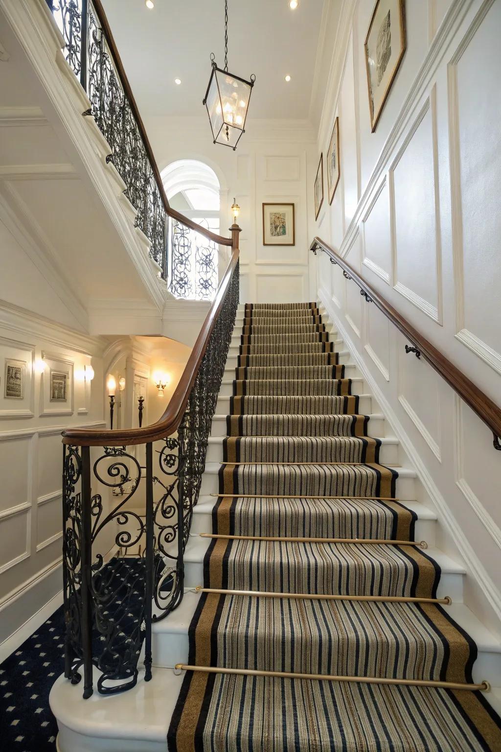 A staircase enhanced with a striped carpet runner.