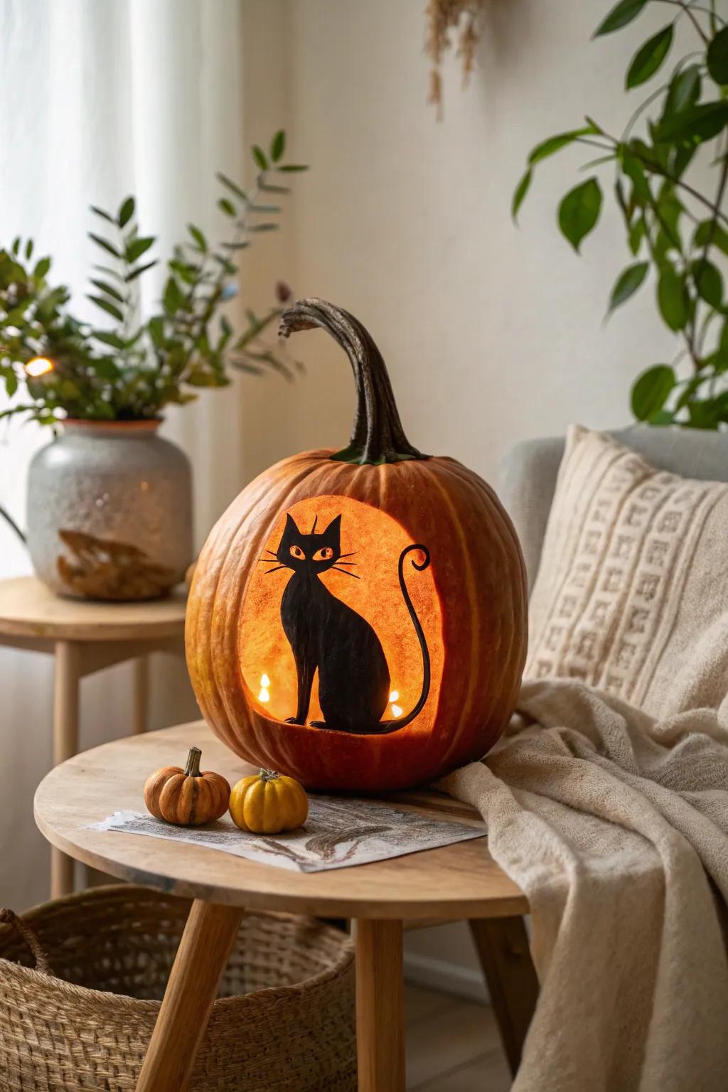 Embrace the mystery of Halloween with this elegantly carved black cat pumpkin, where Scandinavian simplicity meets boho charm.