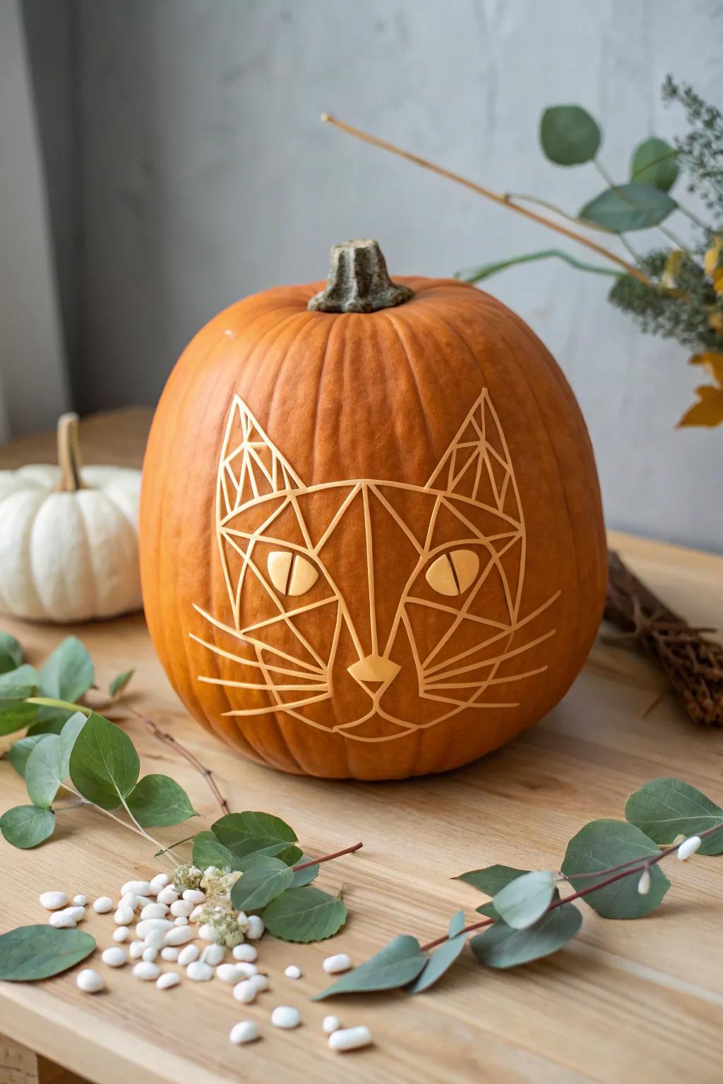 Embrace modern minimalism with a geometric cat pumpkin design that adds a chic touch to your fall decor.