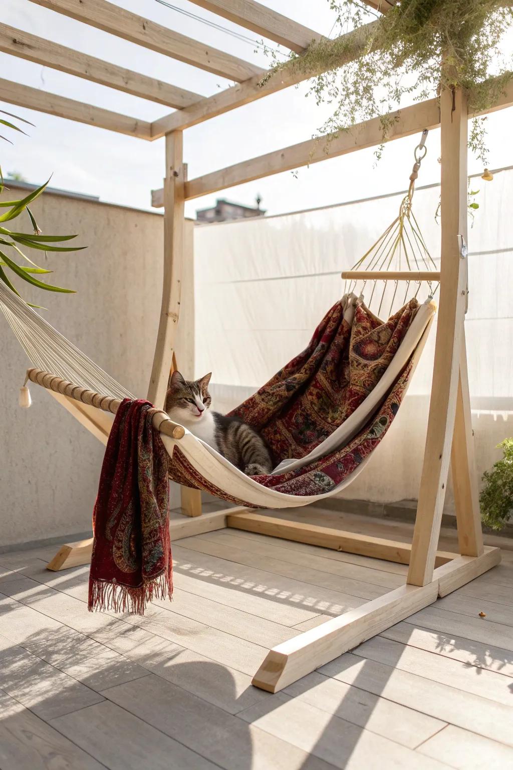Cozy chic: A handcrafted hammock, where elegance meets feline comfort.