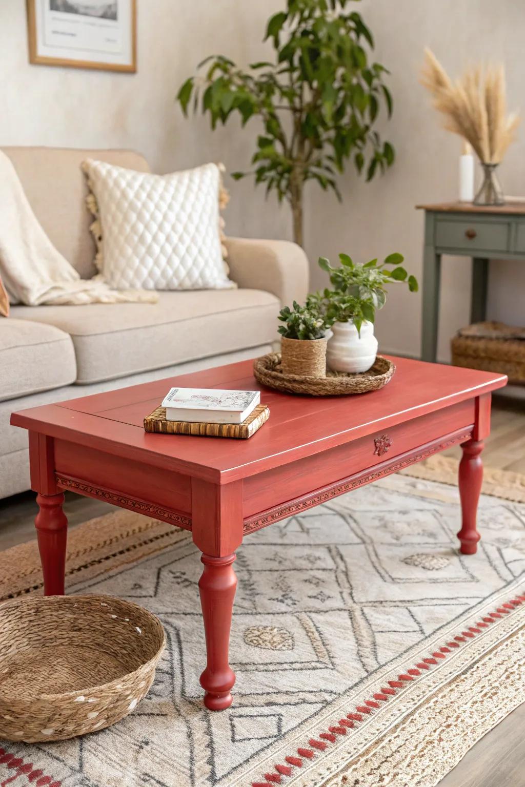 Revitalize your space with a bold, red chalk-painted coffee table that commands attention and adds a touch of Scandinavian elegance to your living room.