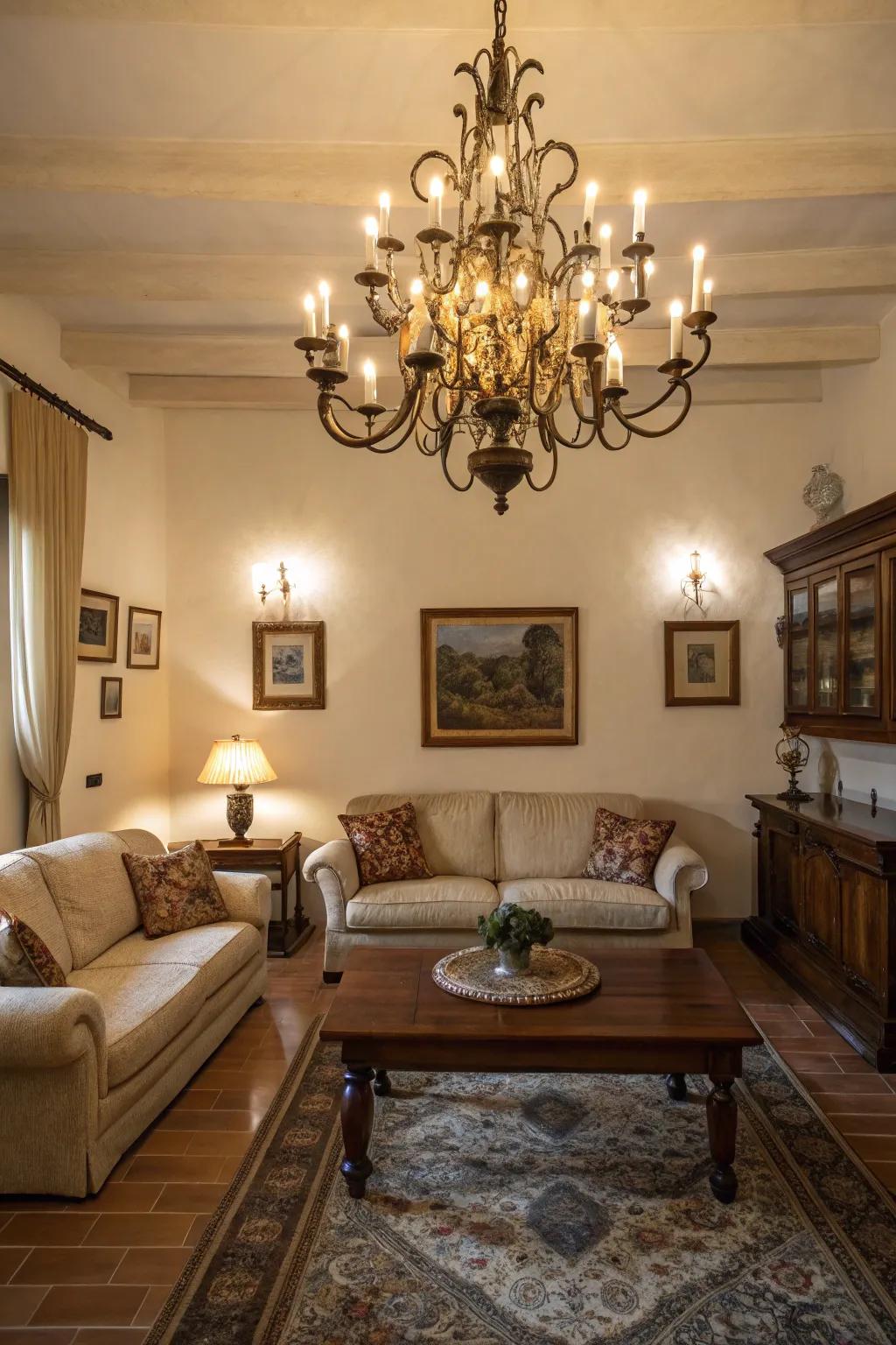 A classic chandelier with candle-like bulbs graces a traditional living room.