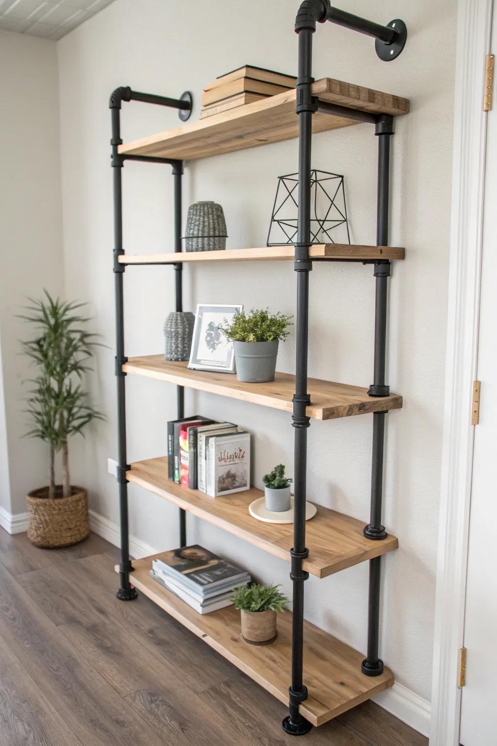 Elevate your space with an industrial-chic DIY bookshelf that combines raw pipes and natural wood for a stunning Scandinavian-Boho look.