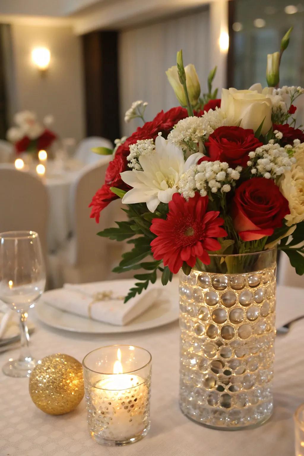 Glamour and sparkle with golden accents in a festive bouquet.