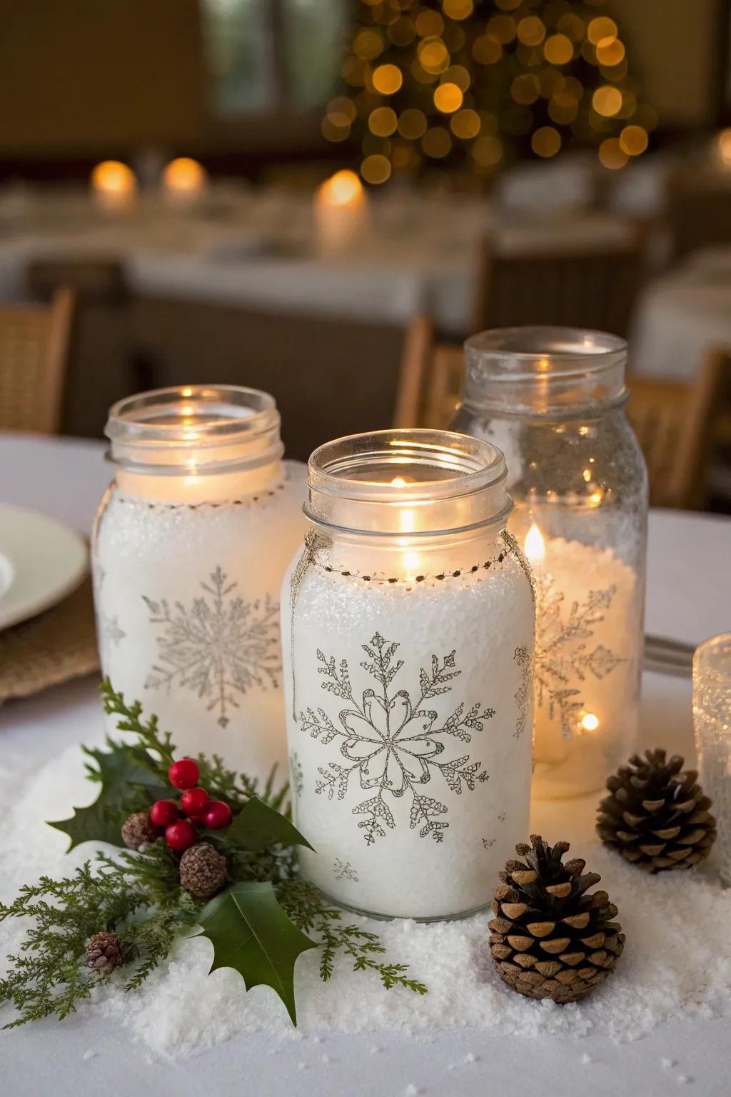 Transform your table into a winter wonderland with these enchanting snowflake mason jars!