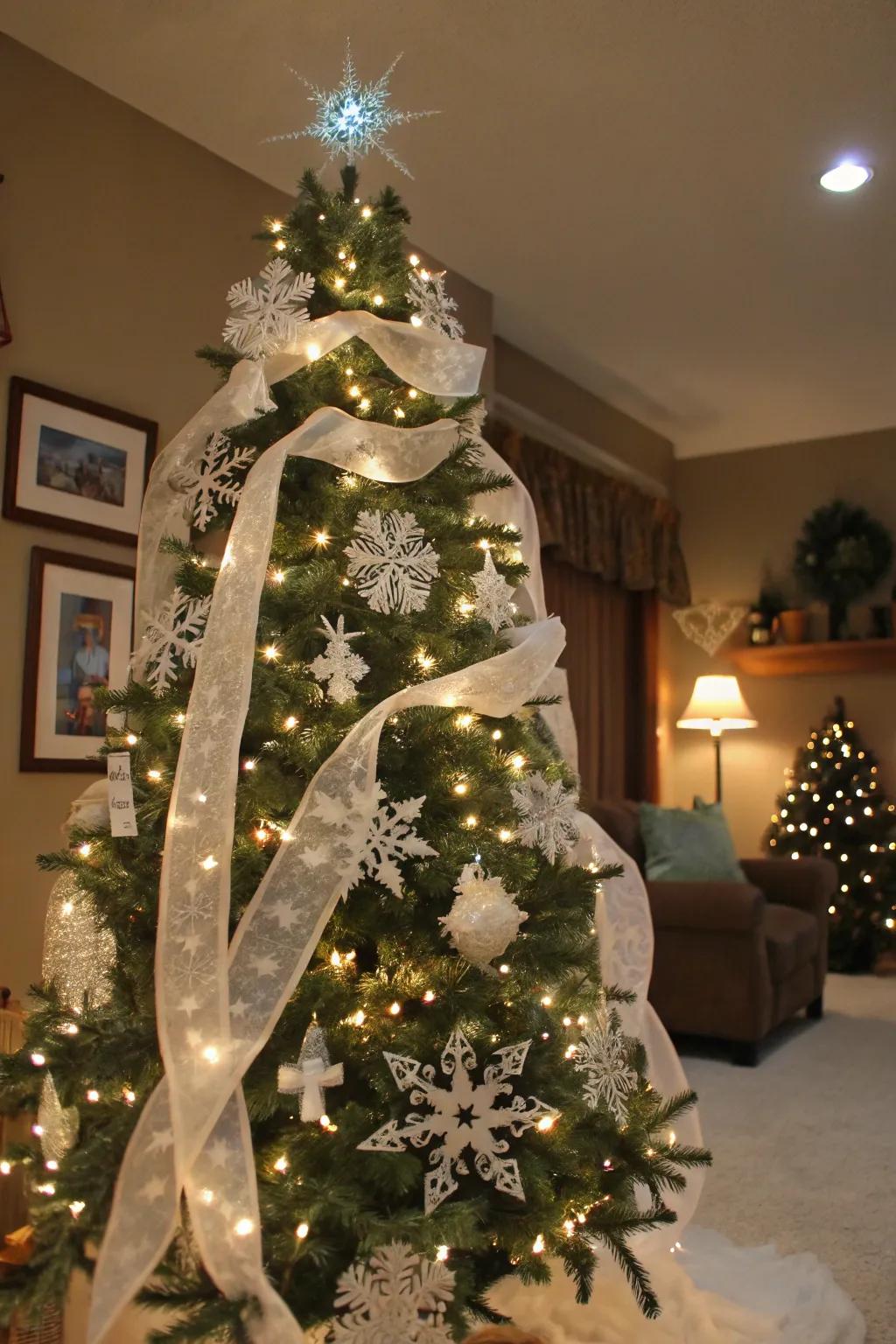 A serene winter wonderland theme with white ribbons and snowflakes.