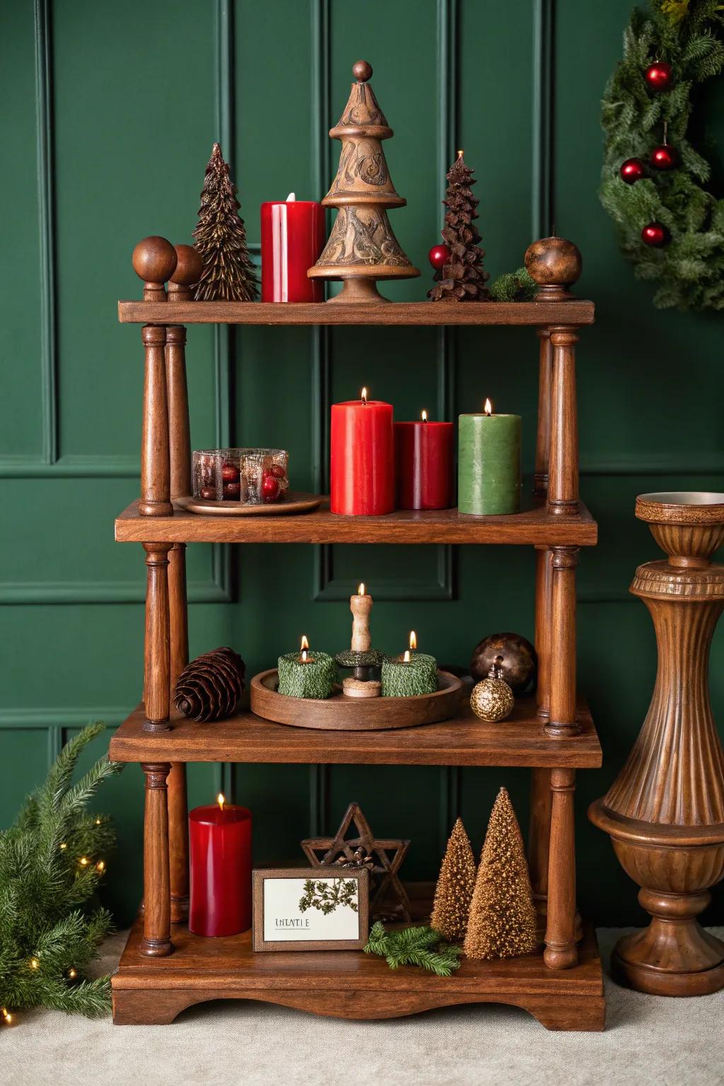 Elevate your holiday decor with this handcrafted tiered wooden display shelf - a perfect blend of tradition and elegance.