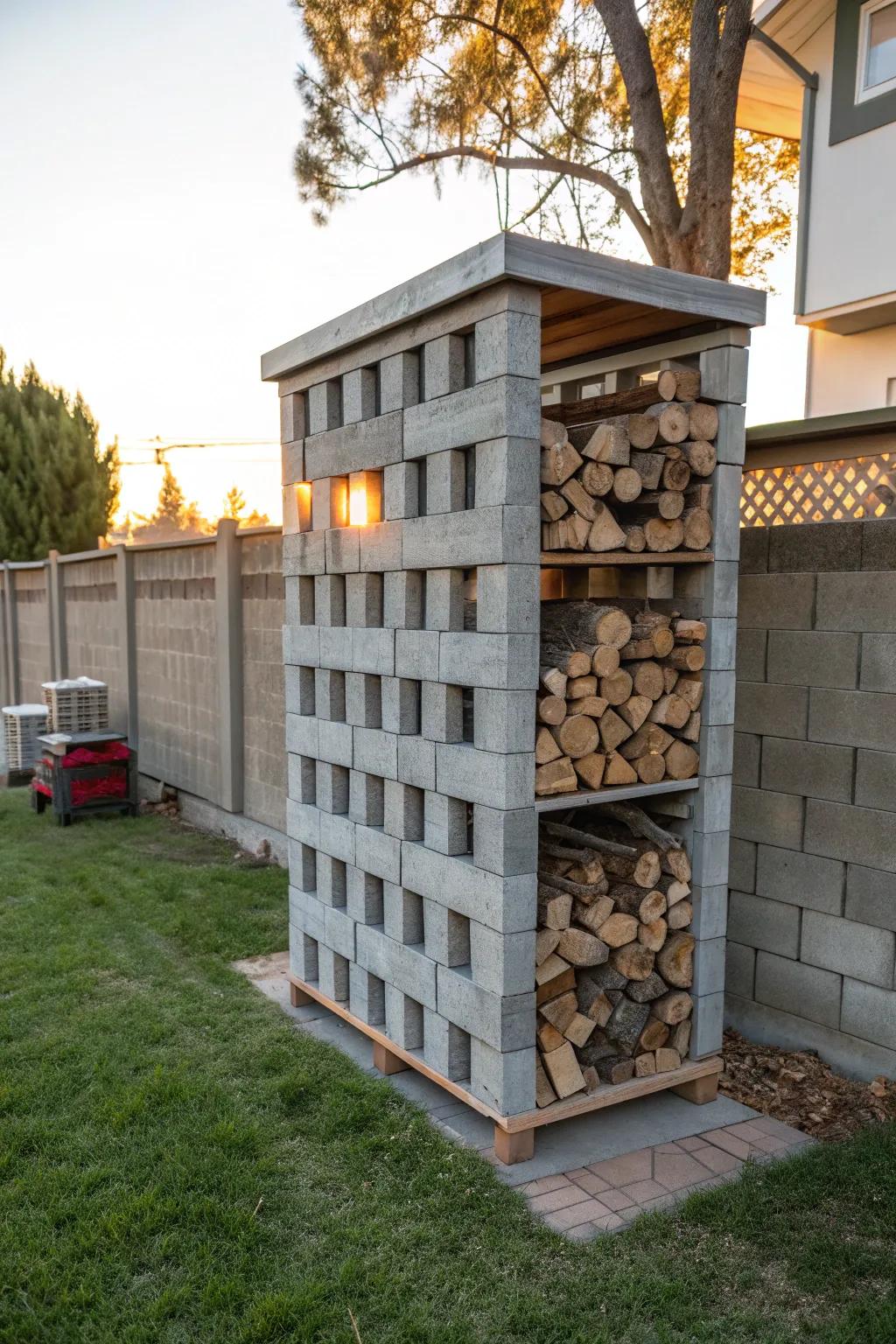 Transform your backyard with this rustic DIY firewood storage solution using simple cinder blocks. Perfect for cozy Austin evenings.