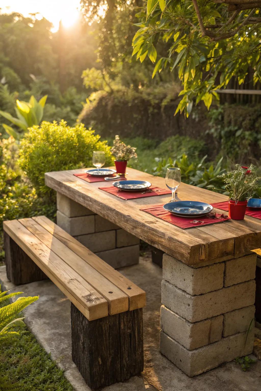 Elevate your outdoor dining experience with a cinder block table that blends rustic charm with bold design.