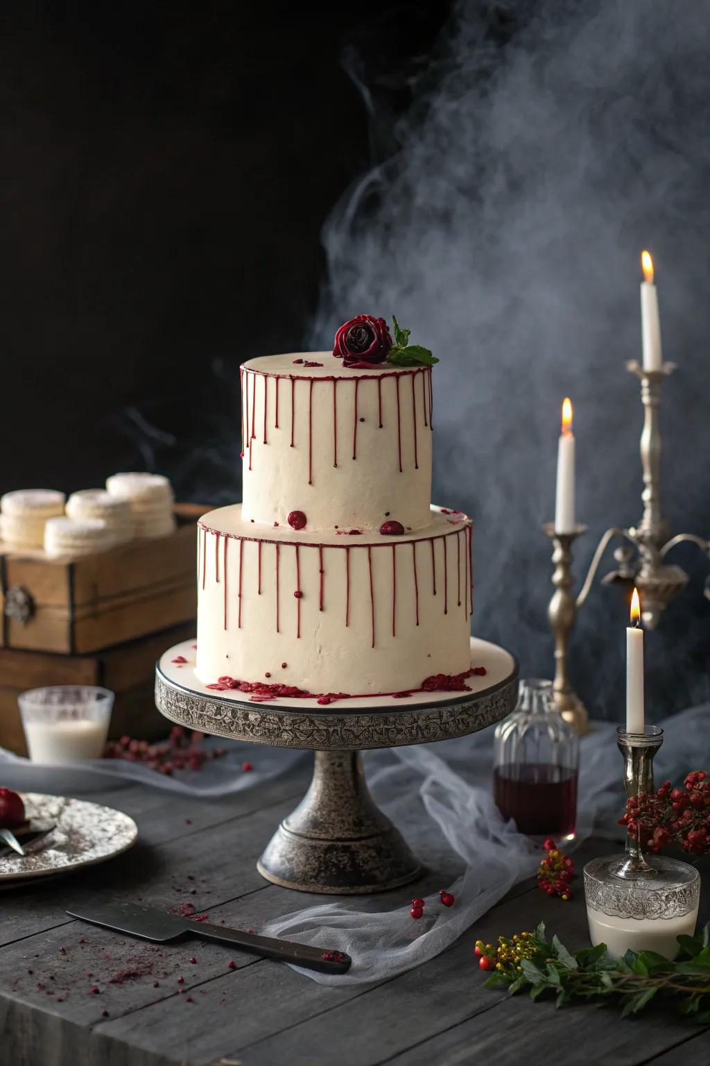 A cake with minimalist blood drips offers a dramatic yet classy touch.