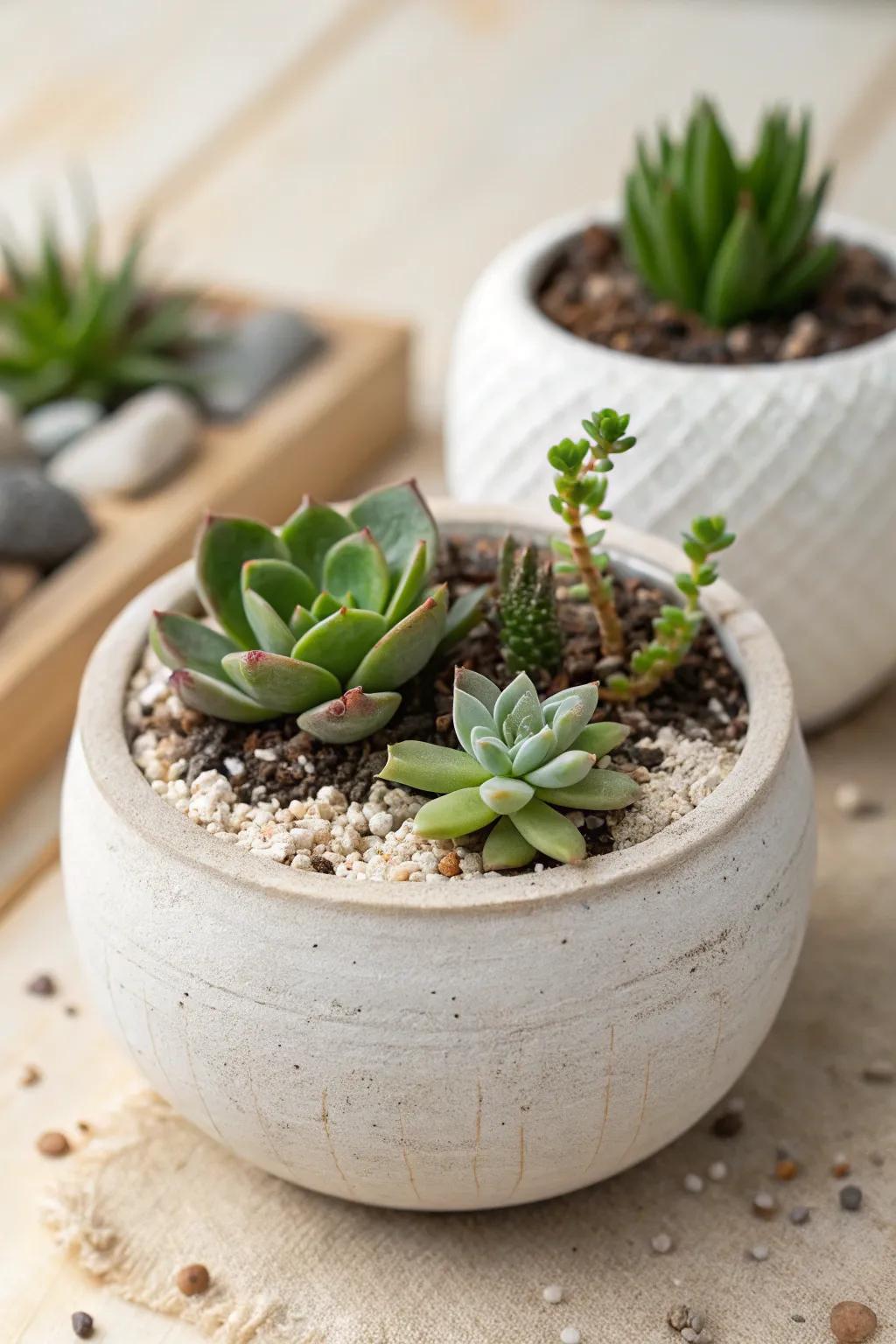 Bring the tranquility of nature indoors with a miniature succulent garden in a handcrafted clay pot—where Scandinavian minimalism meets boho charm.