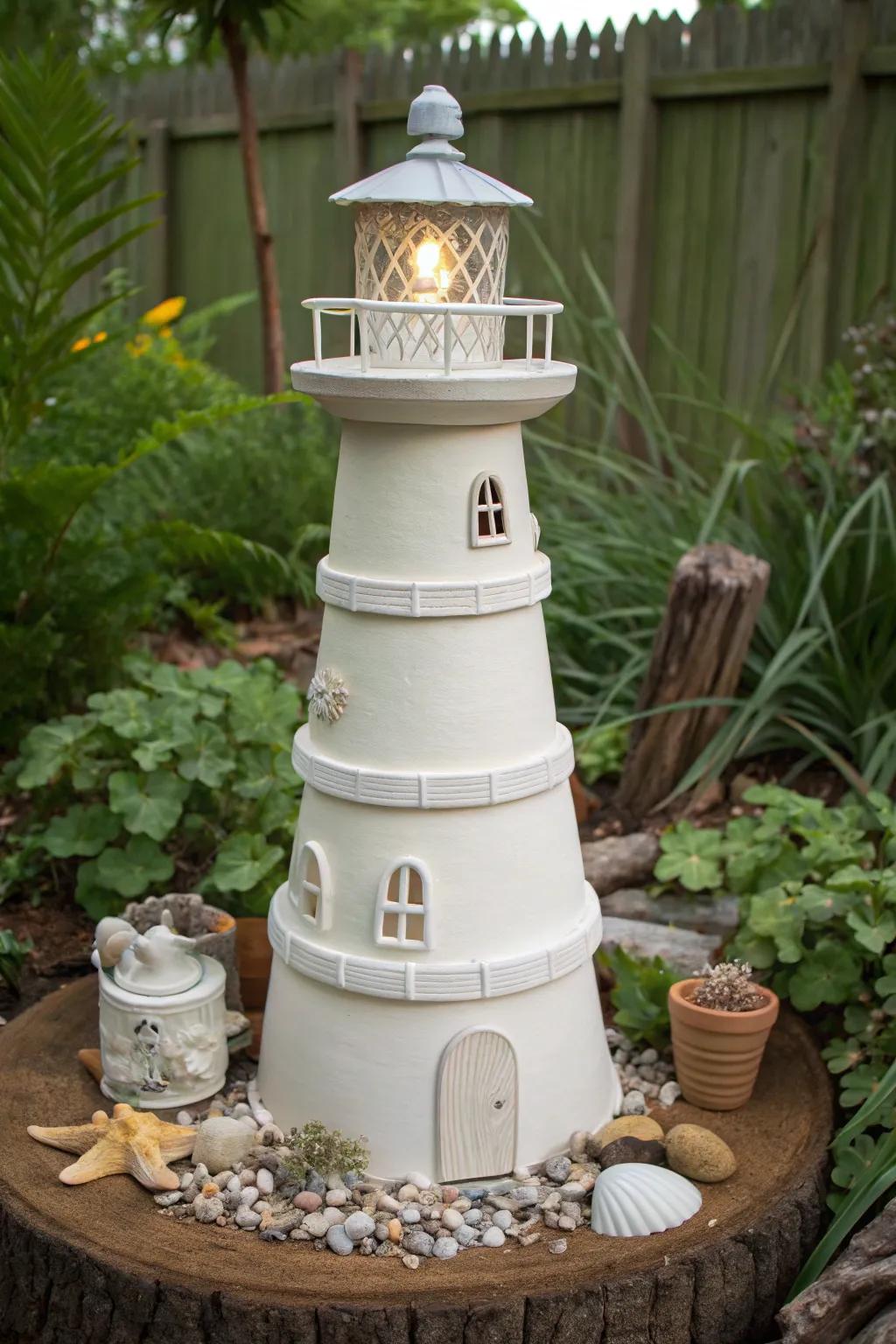 Illuminate your garden with a touch of nautical charm—a clay pot lighthouse bird feeder that combines functionality with minimalist beauty.
