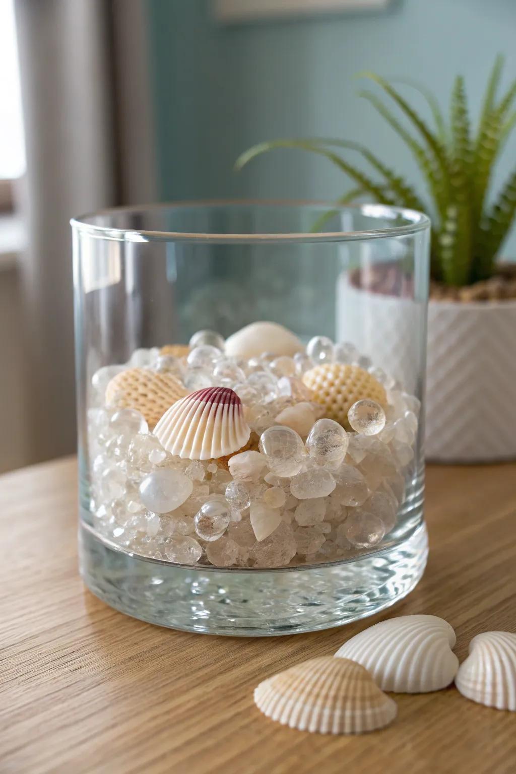 Capture the Ocean's Essence: A serene blend of clear Orbeez and natural shells for a minimalist beach vibe.