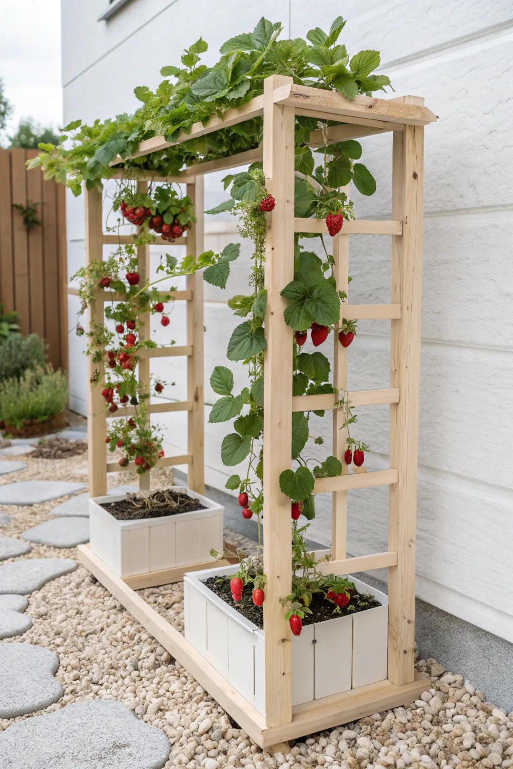 Elevate your garden with stunning strawberry climbers on a chic wooden trellis!