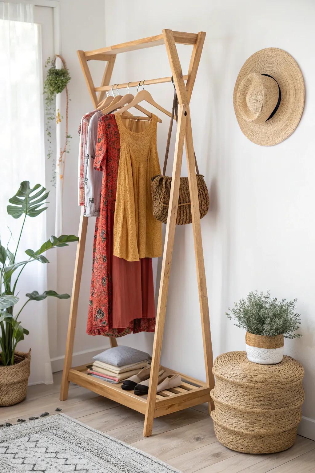 Transform your small space with this stylish and efficient corner clothing rack. Perfect for adding a touch of minimalist elegance to any room!