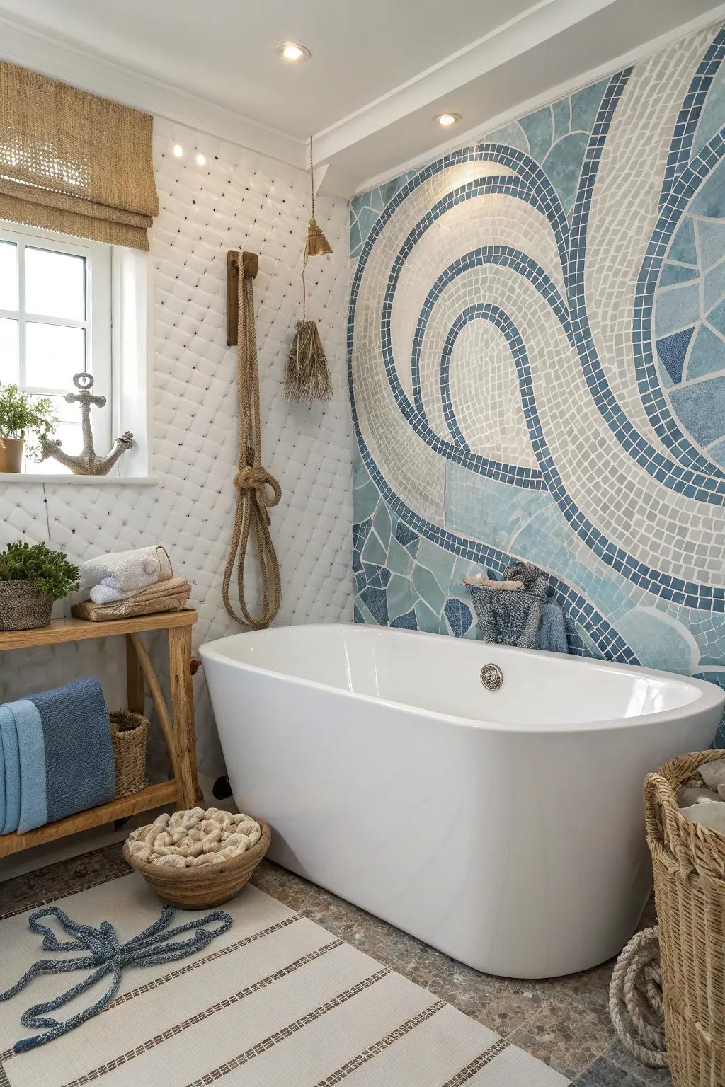 Wave-patterned mosaics add a dynamic ocean-inspired touch.
