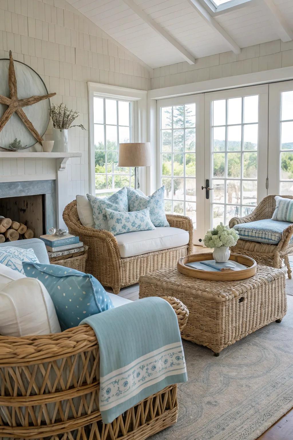 Wicker and rattan elements add warmth and texture.