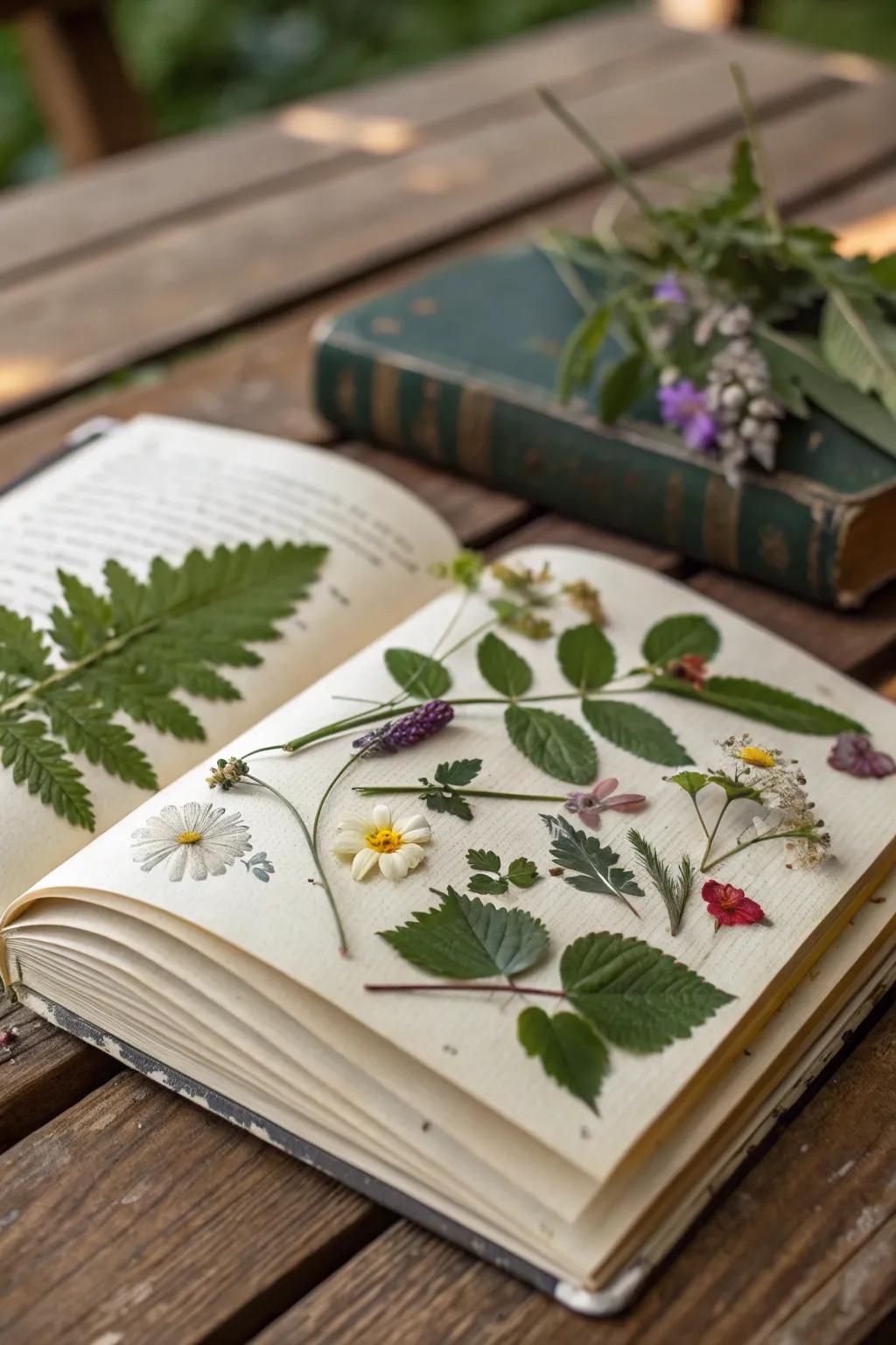 Nature-inspired book art with pressed botanicals