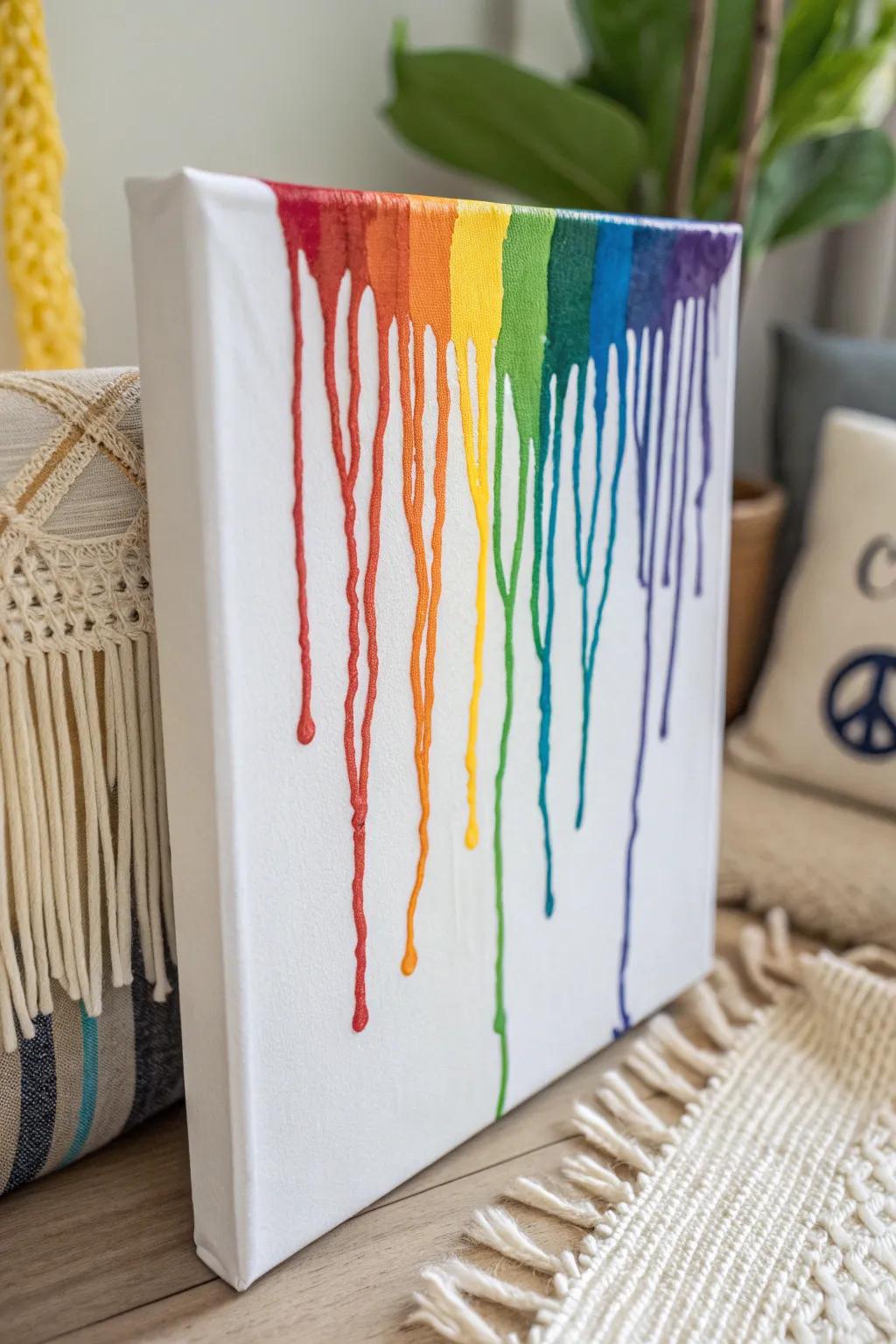 Infuse your space with whimsy and wonder through vibrant rainbow drips that dance down the canvas, celebrating color in its purest form.