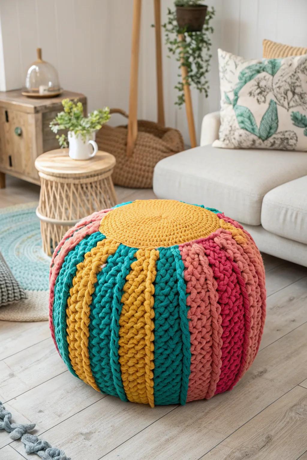 Add a pop of color and comfort to your space with this stunning knit pouf—the perfect blend of craftsmanship and style!