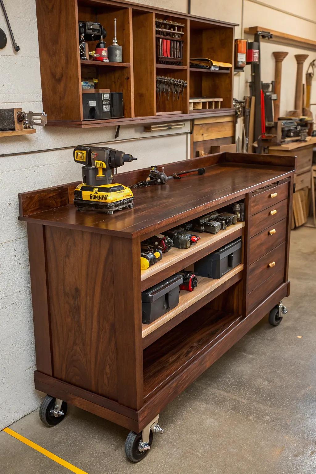 Elevate your workspace mobility with this expertly crafted mobile workbench, combining style and functionality for the modern craftsman.