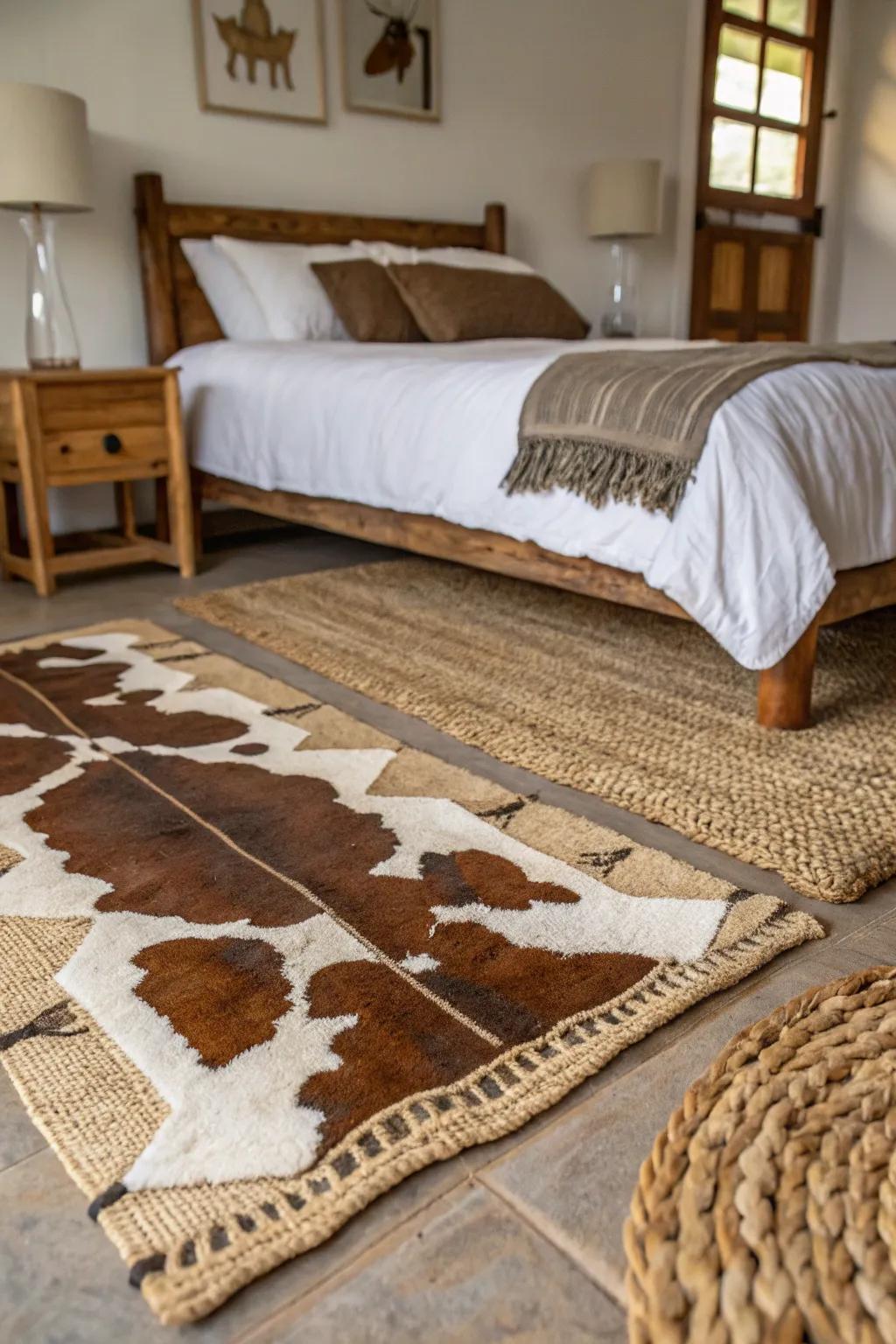 Bedroom featuring a cowhide rug layered over a jute rug.