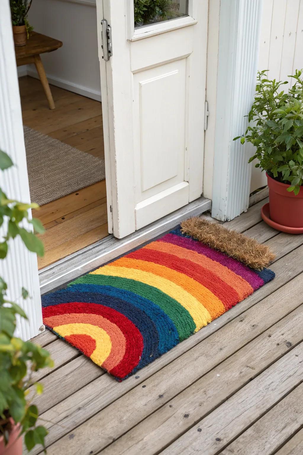 Step into joy with a handcrafted rainbow doormat that welcomes with style and color!
