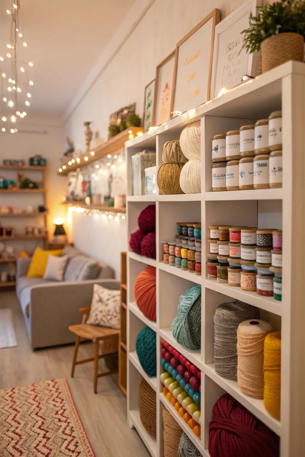 Shelves display and organize craft materials beautifully.