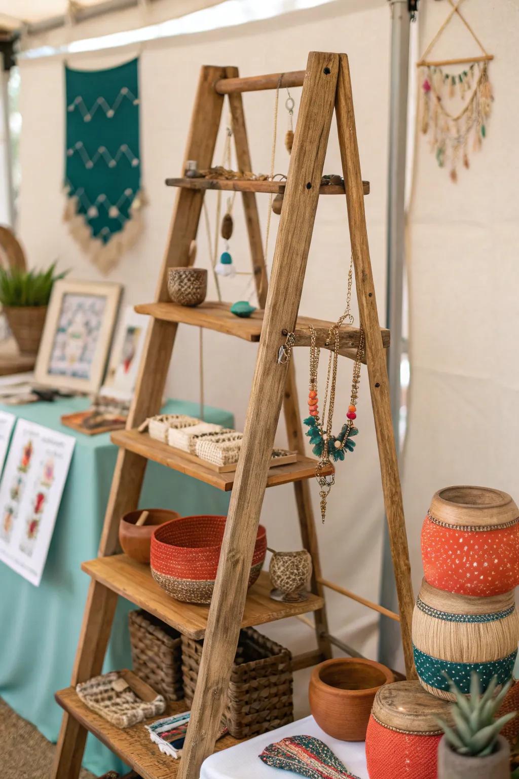 Elevate your craft show game with a chic and functional ladder display that captures the essence of minimalist beauty and bold creativity.