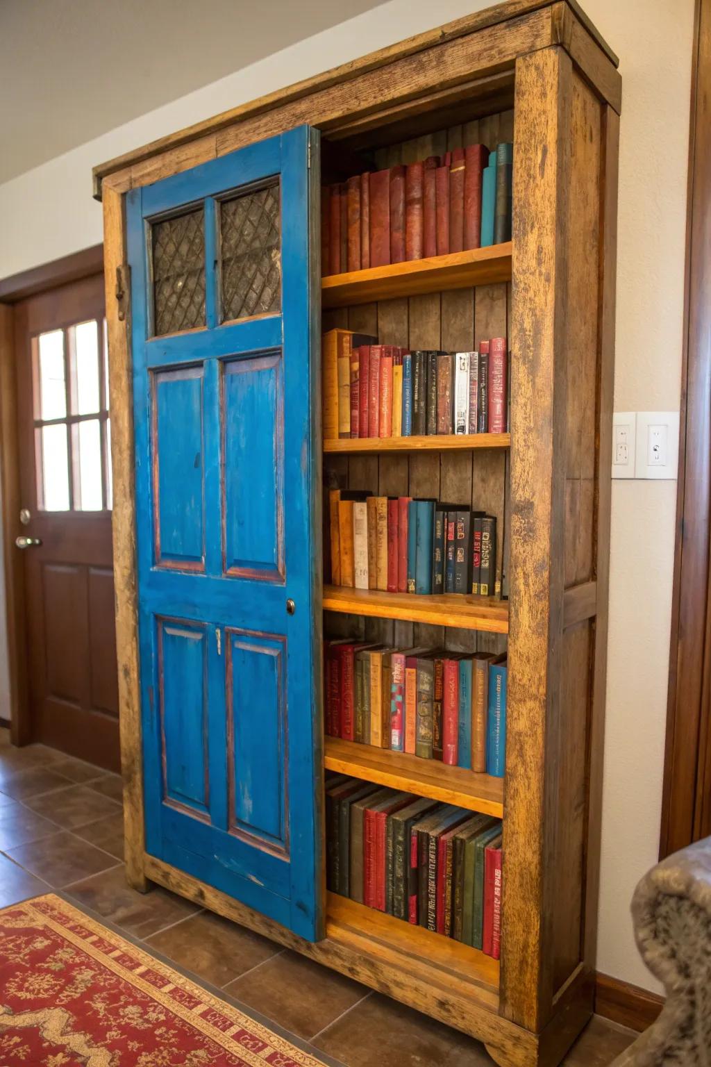 Transform nostalgia into creativity: an old door reborn as a striking bookshelf centerpiece.