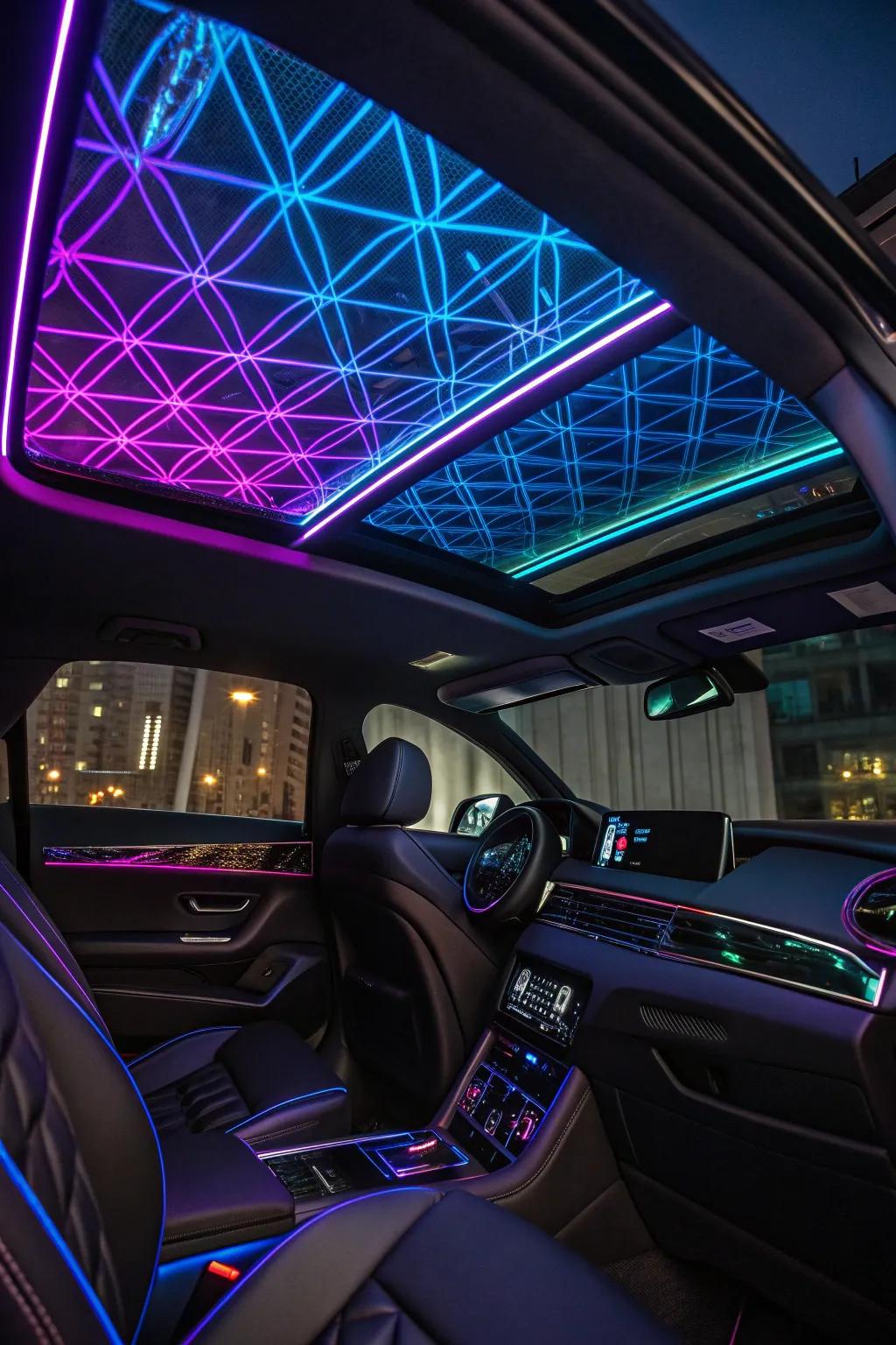Illuminate your drive with a bold custom headliner design featuring vibrant LED geometry.