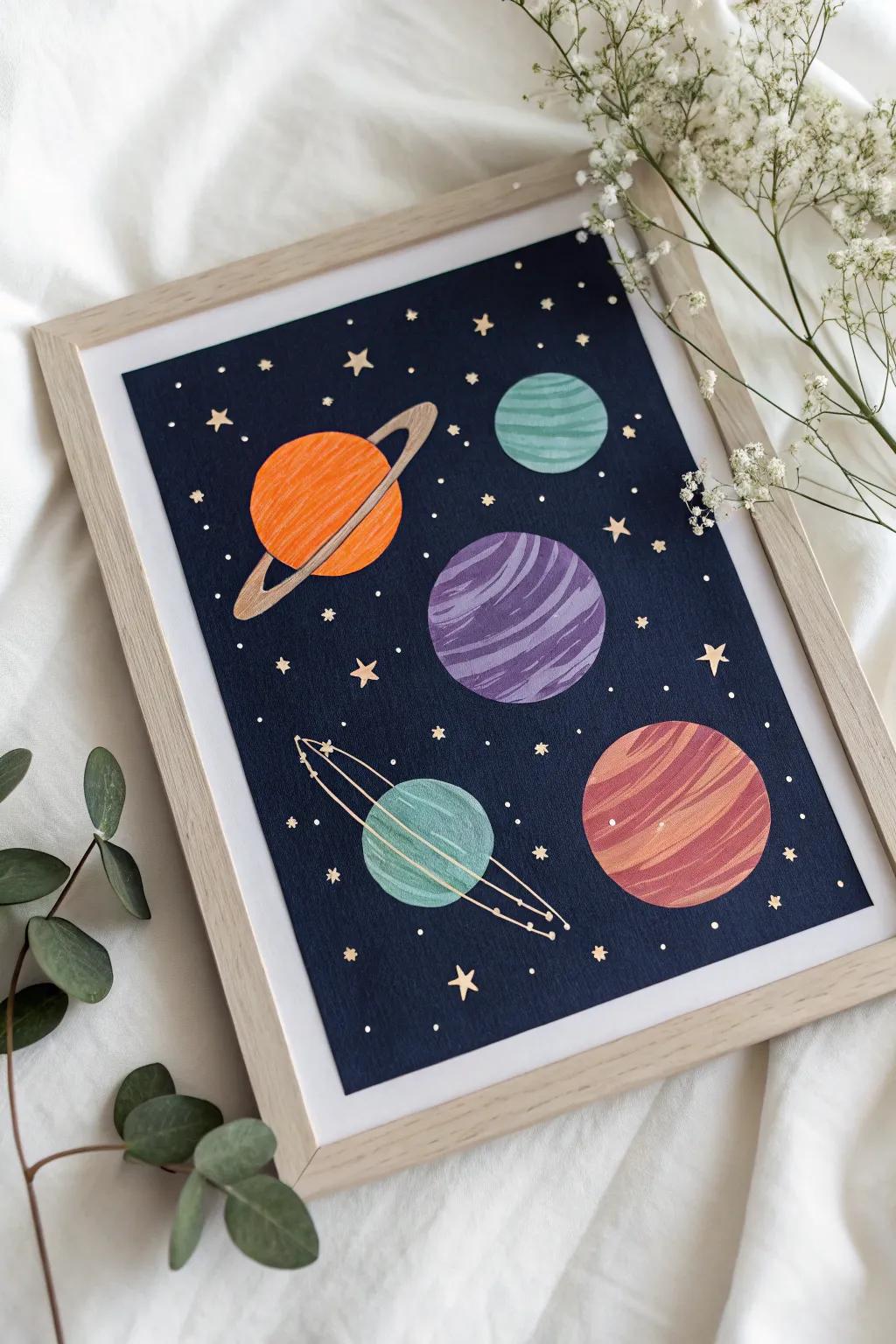 Dreamy cosmic vibes: A minimalist masterpiece of a starry night with whimsical planets.
