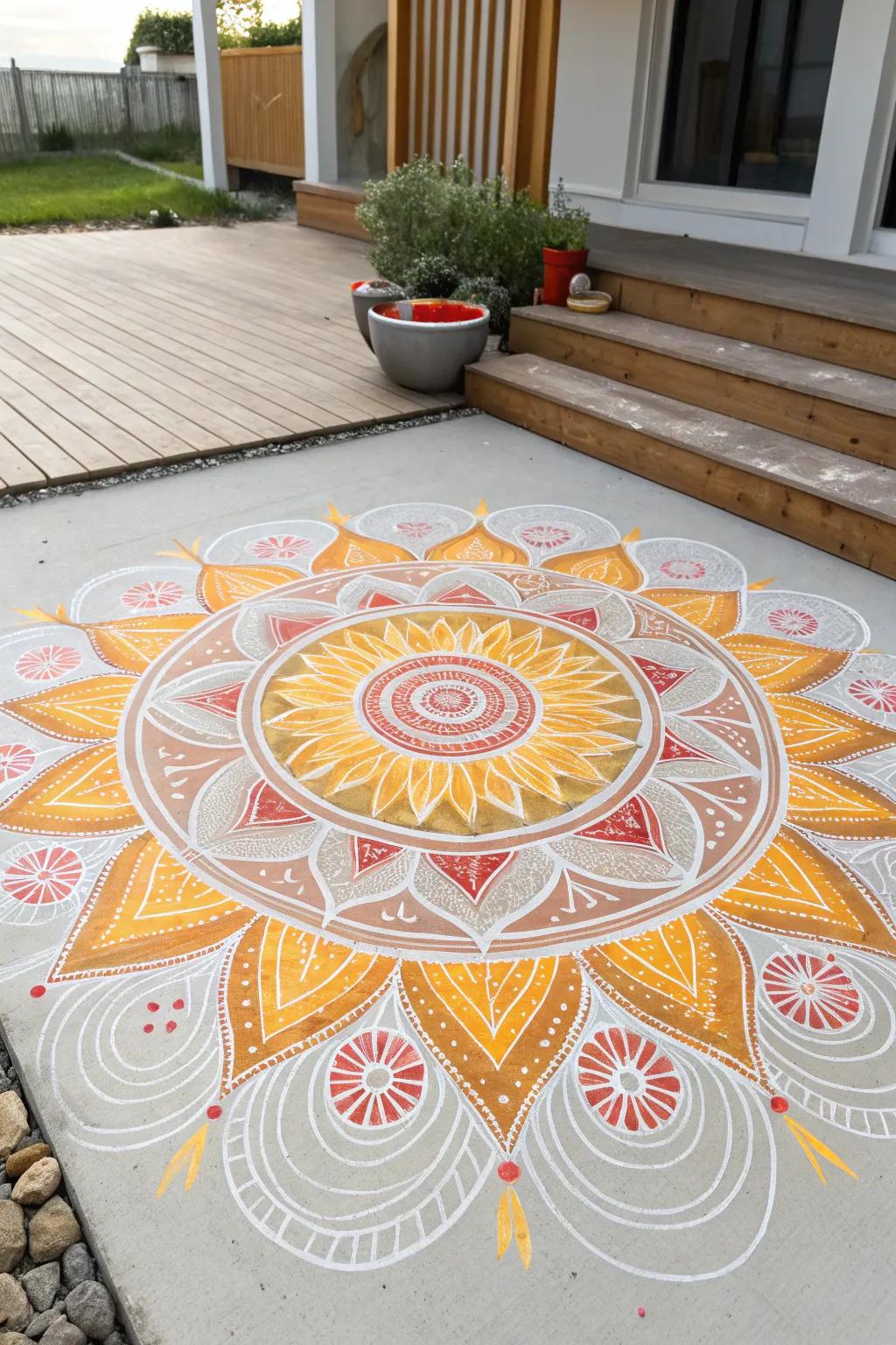 Bask in the warmth of this intricate chalk sunshine mandala, bringing a touch of elegance and energy to any space.