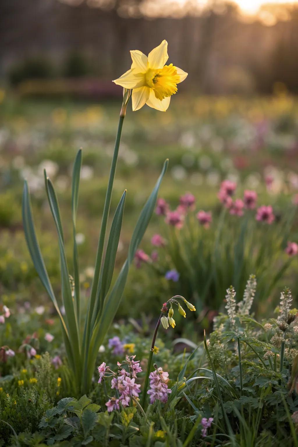 Embrace the beauty of nature with a daffodil blooming in a wildflower garden, where simplicity meets striking elegance.