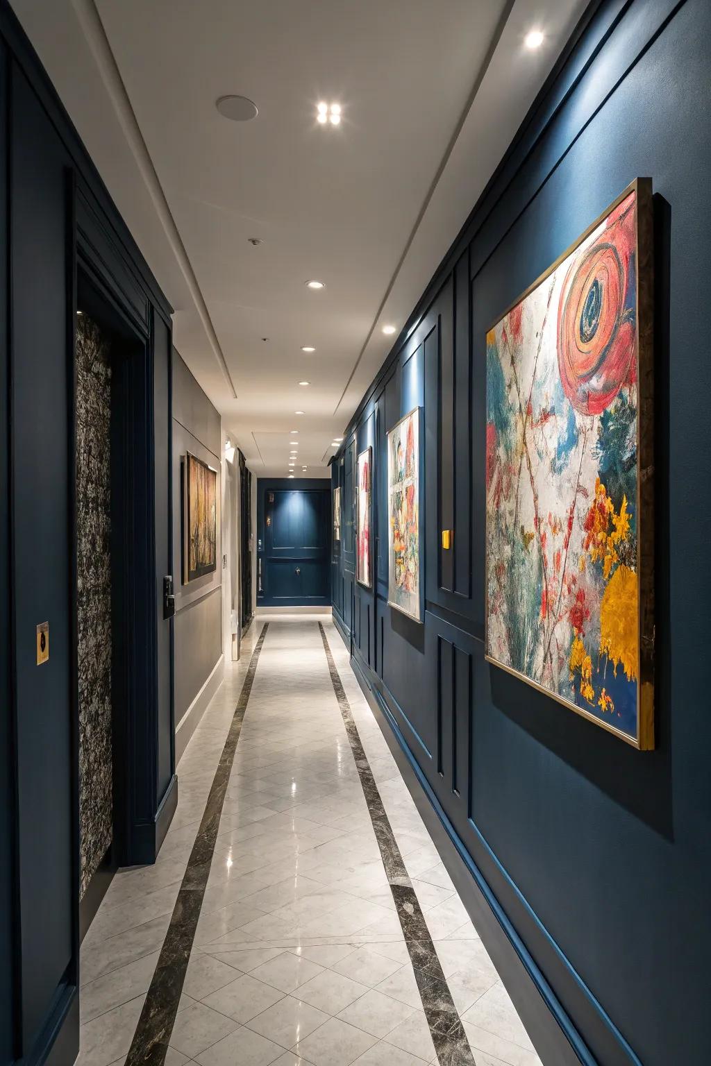 Abstract art adds a splash of modern creativity against a dark blue canvas.