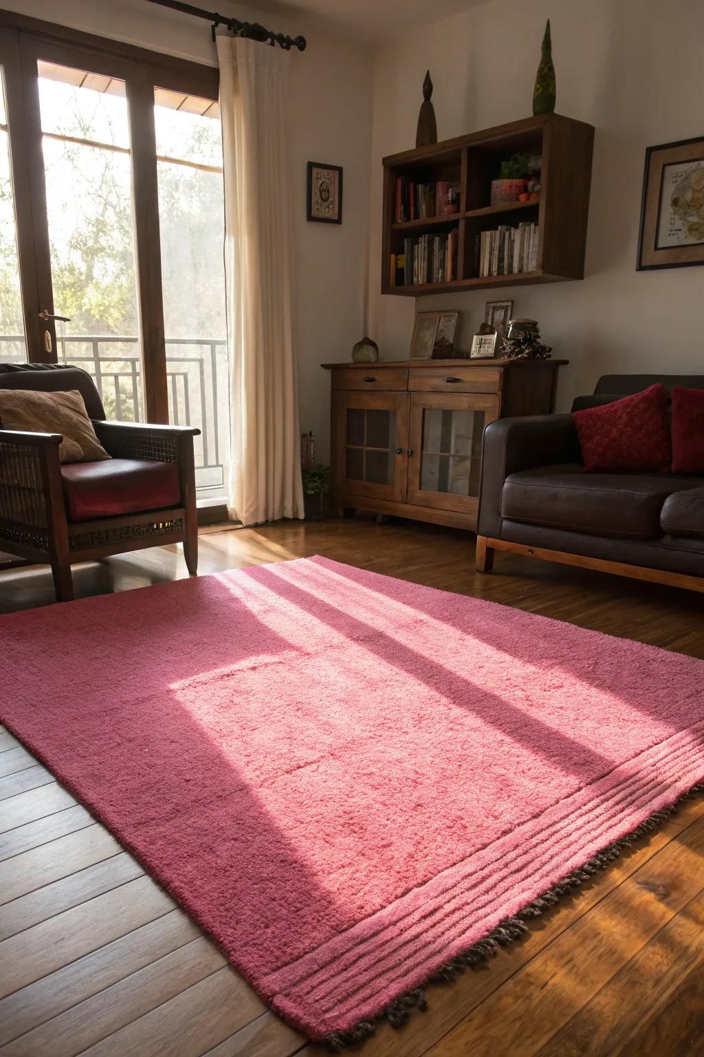 A vibrant pink rug grounding the living room setup.