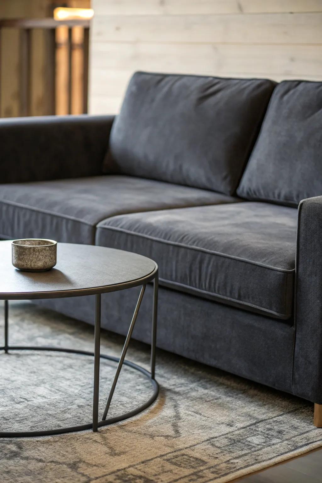 A sleek coffee table complements the dark grey couch perfectly.