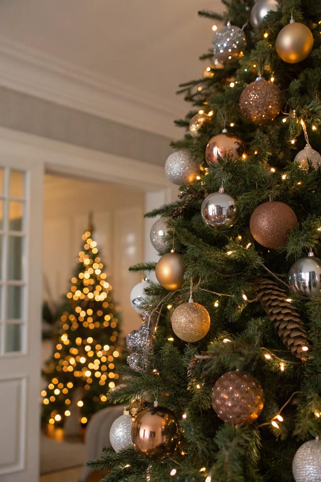 A luxurious metallic-themed tree shimmering in festive lights.