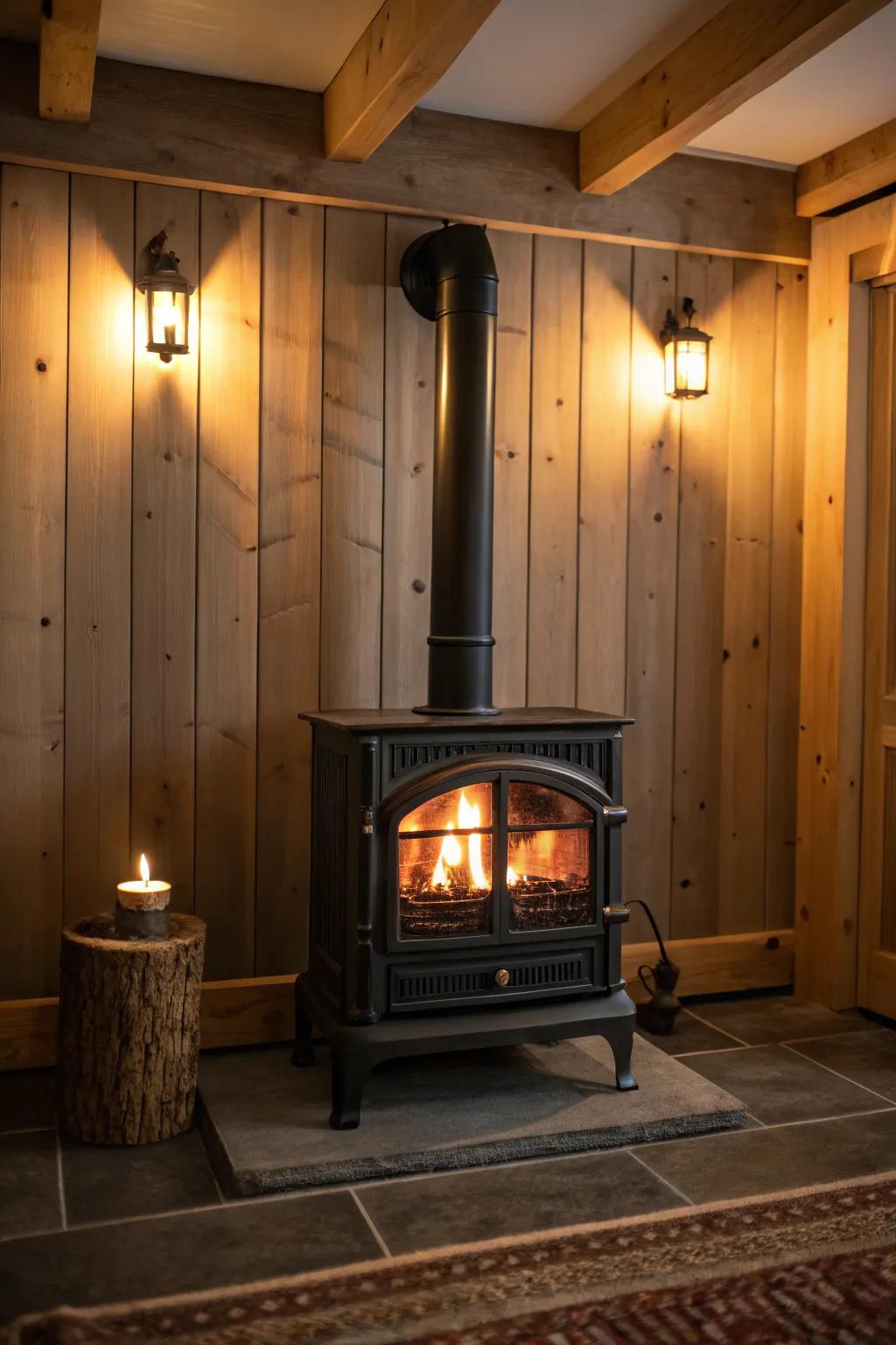 Ambient lighting enhances the cozy atmosphere around your stove.