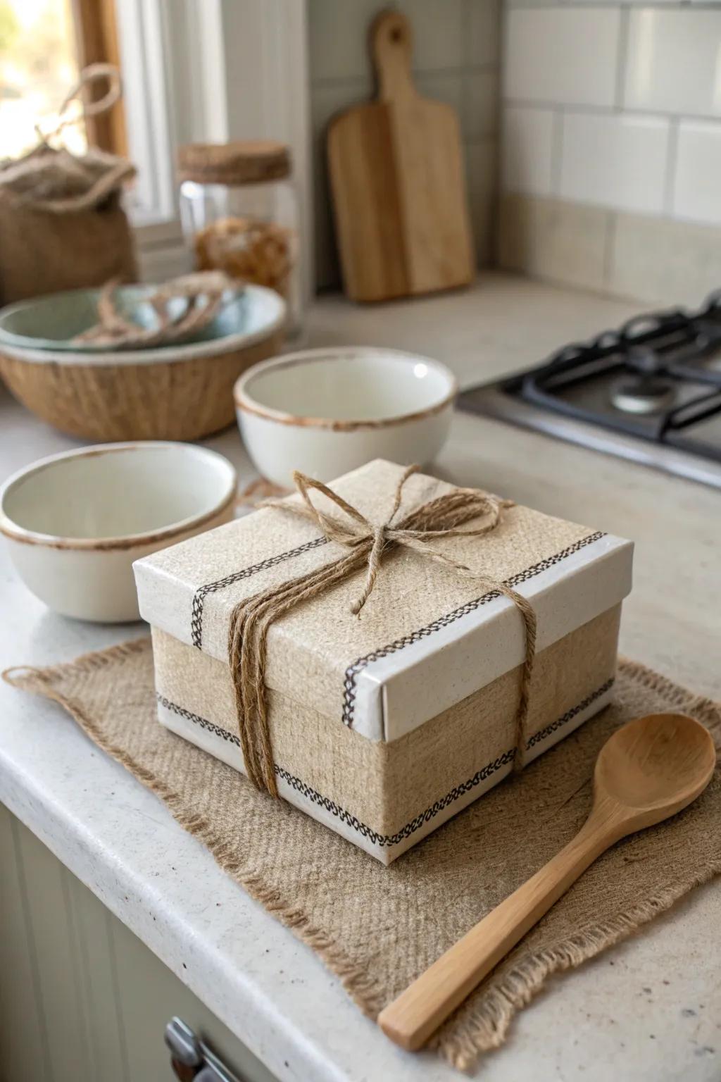 A cozy farmhouse-style box wrapped in burlap and twine.