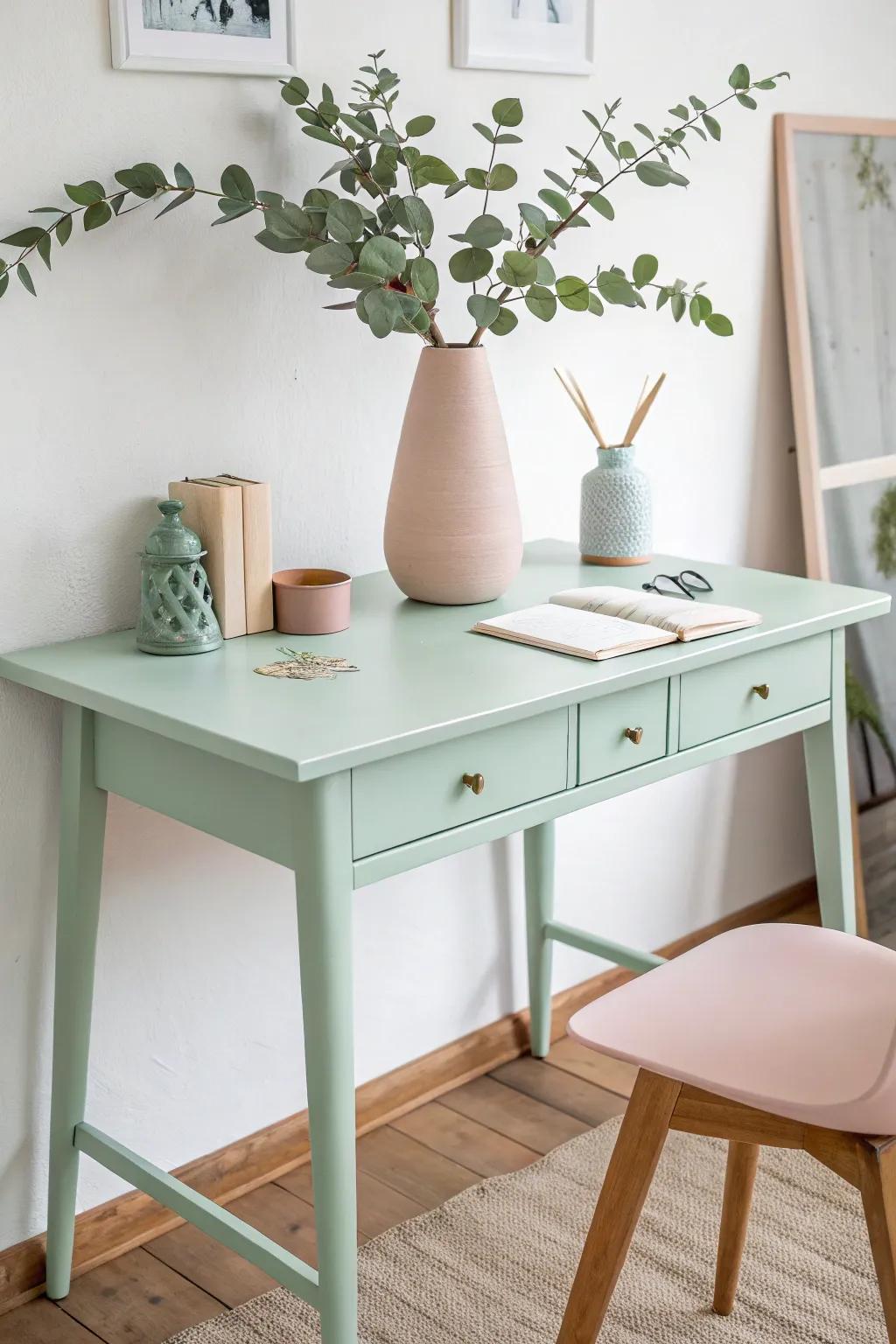 Embrace serenity with a mint green desk—a perfect blend of calm and style.