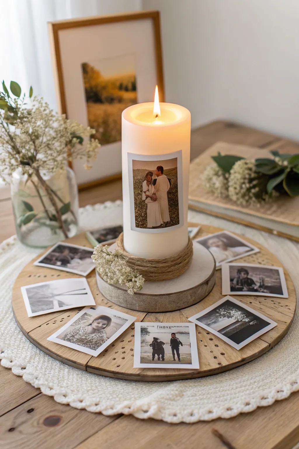 Illuminate Memories: A stunning photo collage centerpiece that celebrates cherished moments with warmth and elegance.