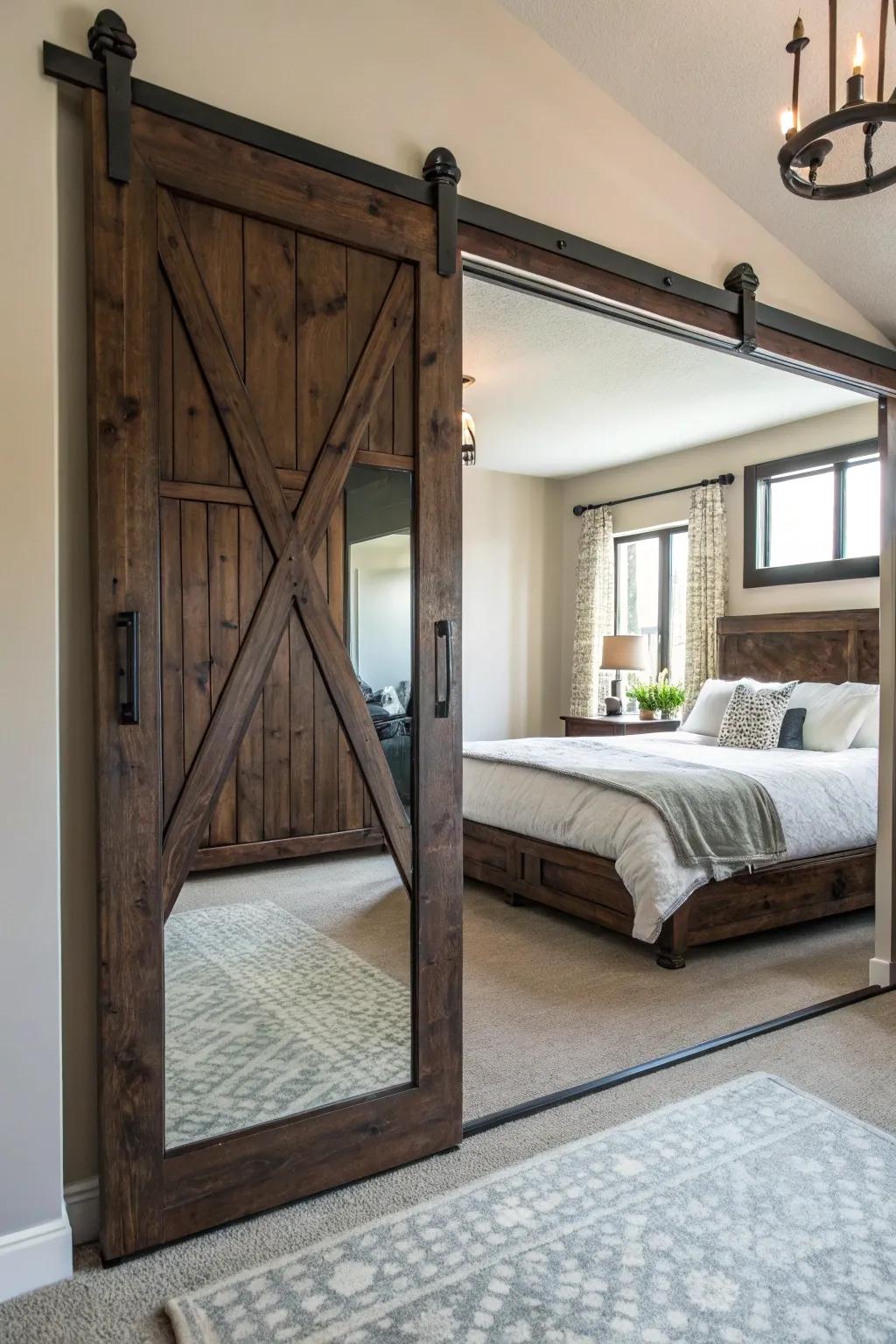 Transform your space with a stunning mirrored barn door that combines functionality with bold design.