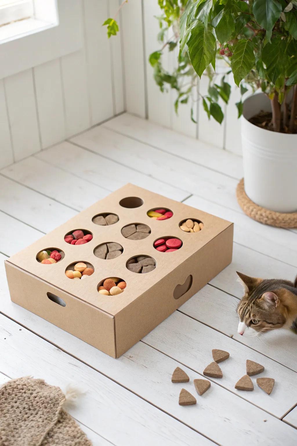 Engage your cat's mind with this chic DIY puzzle box—a stylish blend of fun and function!