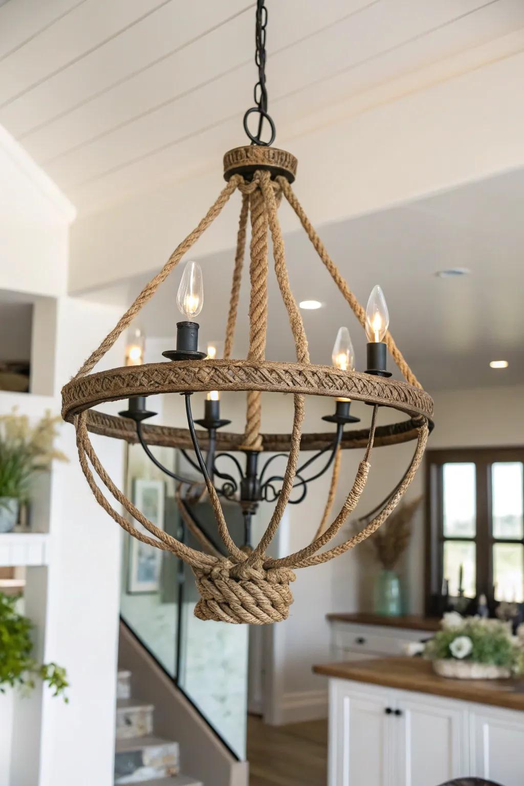 Transform your space with this twine-wrapped rustic chandelier, perfect for adding a cozy, earthy touch to any room.