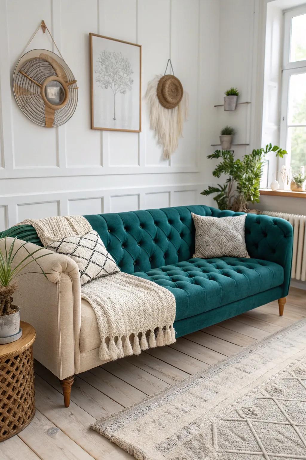 Transform your couch with elegant tufting and bold buttons for a chic, minimalist upgrade.
