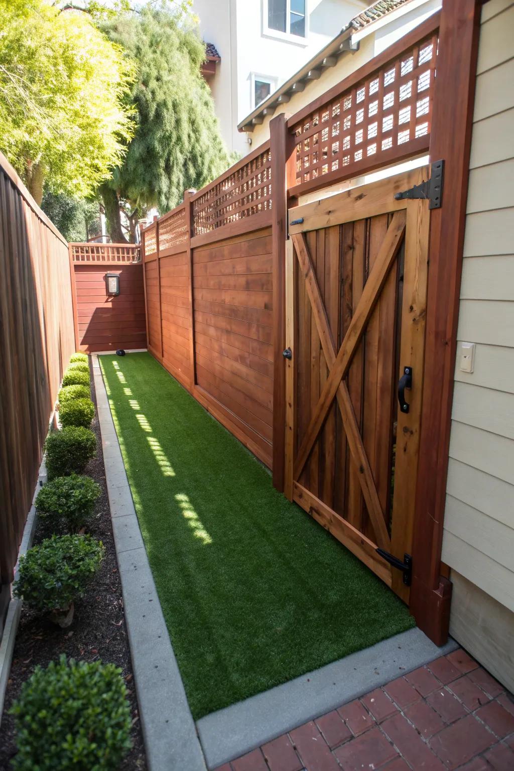 Transform your side yard into a stunning dog run with bespoke gates—where style meets function.